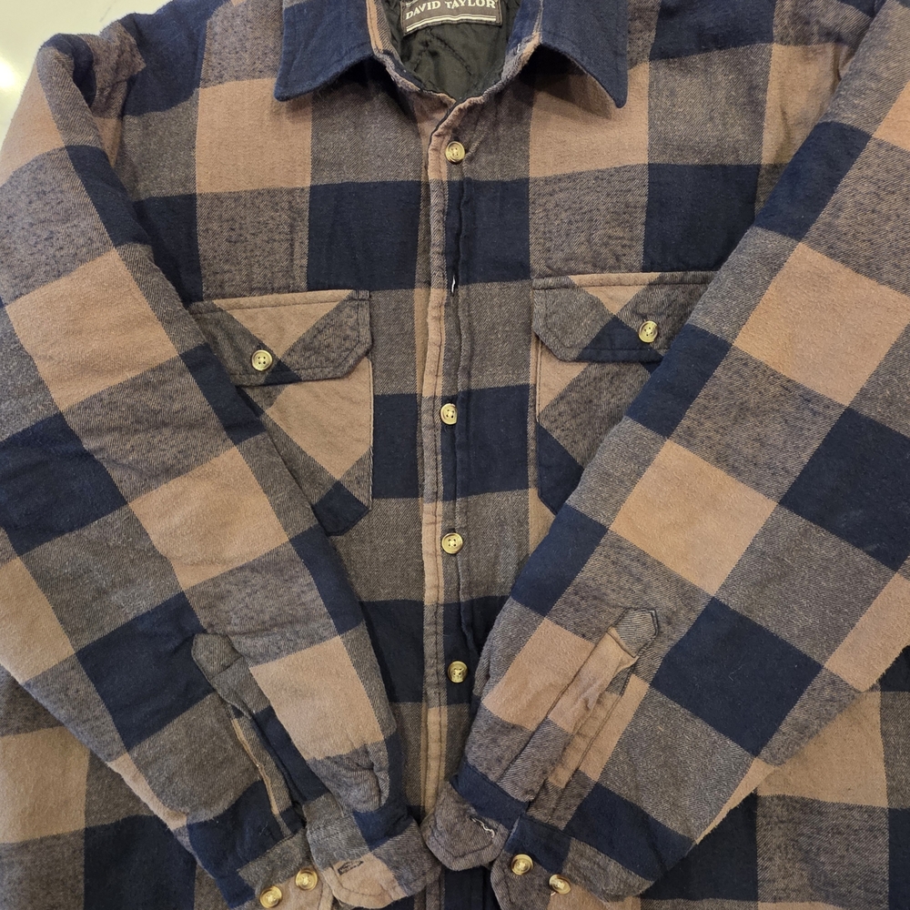 David Taylor Men's Blue and Tan Plaid Quilted Flannel Shirt-Jacket